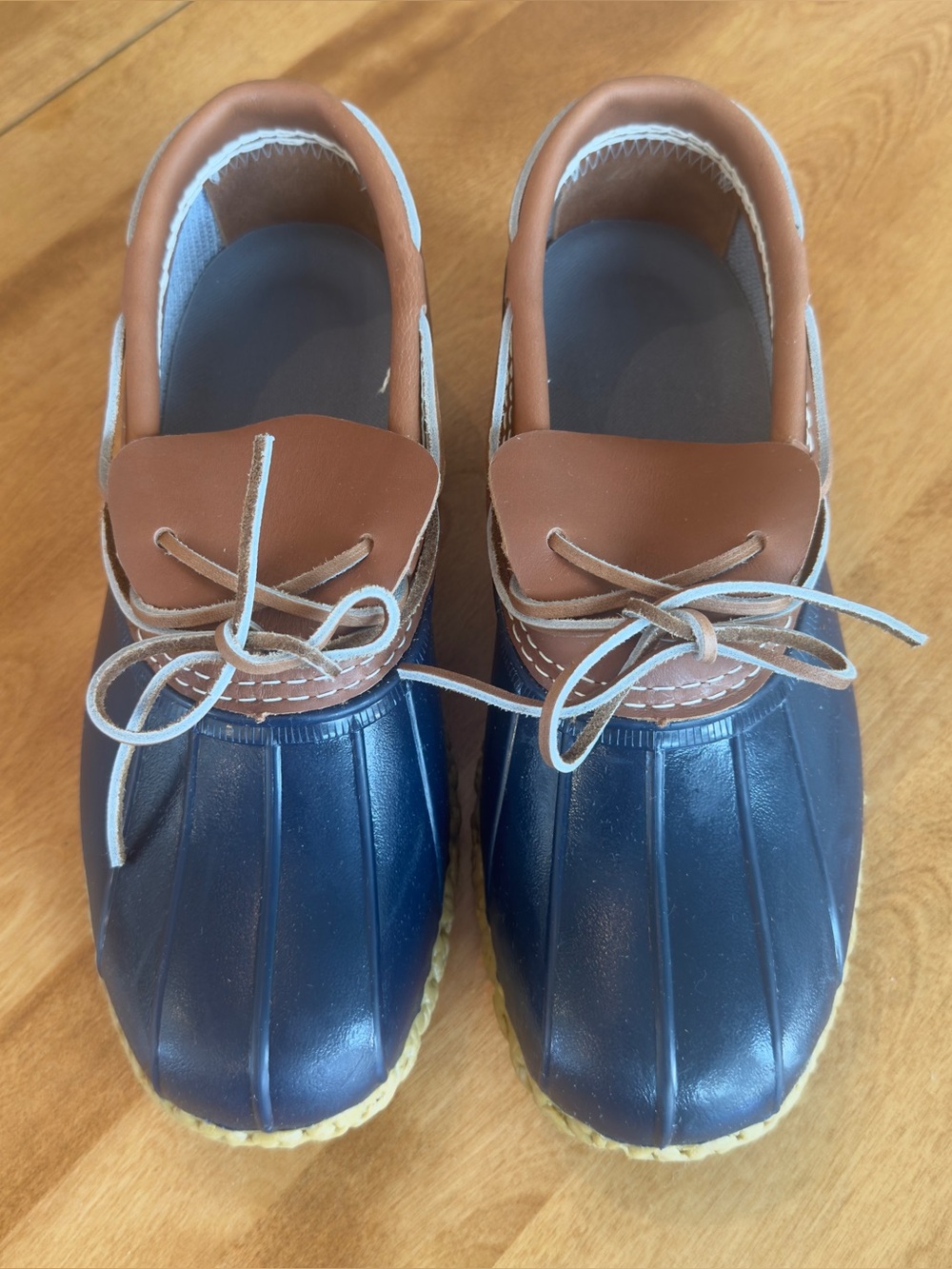L.L. Bean Rubber Moc Duck Boots Navy Blue Tan Size 10 Wide Excellent Condition
